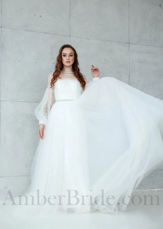 Best wedding dresses for a royal-style wedding-Boho A Line Long Bishop Sleeve Tulle Wedding Dress with Beaded Design Best wedding dresses for a royal-style wedding-Boho A Line Long Bishop Sleeve Tulle Wedding Dress with Beaded Design
