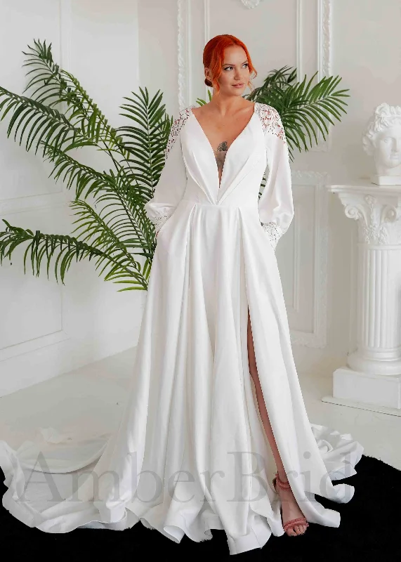 Best bridal wedding dresses for destination weddings-Boho A Line Satin Wedding Dress with Bishop Sleeves and Deep V-Neck Best bridal wedding dresses for destination weddings-Boho A Line Satin Wedding Dress with Bishop Sleeves and Deep V-Neck