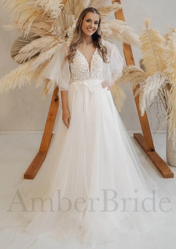 Where to buy wedding dresses for every budget-Boho A Line Tulle Wedding Dress with Cape Sleeves and Deep V Lace Top Where to buy wedding dresses for every budget-Boho A Line Tulle Wedding Dress with Cape Sleeves and Deep V Lace Top