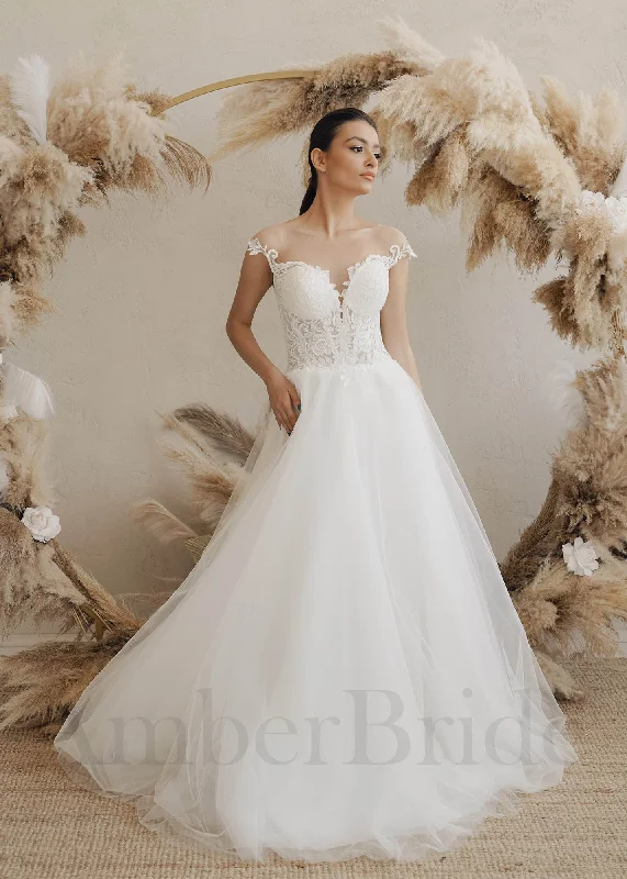 Wedding dresses with long sleeves for a sophisticated style-Boho A-Line Tulle Wedding Dress with Floral and Illusion Design Wedding dresses with long sleeves for a sophisticated style-Boho A-Line Tulle Wedding Dress with Floral and Illusion Design