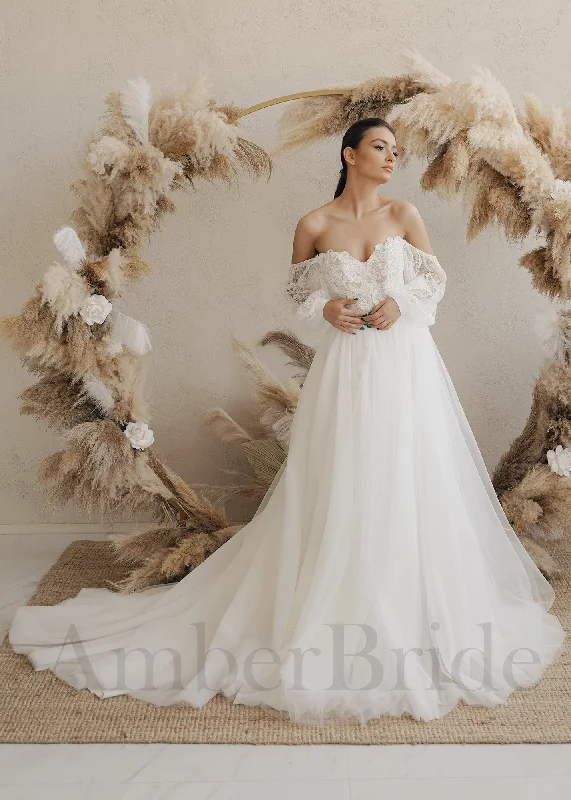 Best wedding dress colors for different skin tones-Boho A-Line Tulle Wedding Dress with Off Shoulder Long Puffy Lace Sleeves Best wedding dress colors for different skin tones-Boho A-Line Tulle Wedding Dress with Off Shoulder Long Puffy Lace Sleeves