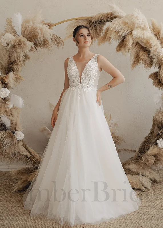 Wedding dresses with sheer overlays for added sophistication-Boho A Line Tulle Wedding Dress with Open Back and Deep V-Neck Wedding dresses with sheer overlays for added sophistication-Boho A Line Tulle Wedding Dress with Open Back and Deep V-Neck