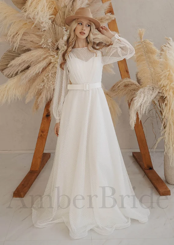 Where to find wedding dresses for a plus-size bride-Boho A Line Tulle Wedding Dress with Sheer Bishop Sleeves and Polka Dot Design Where to find wedding dresses for a plus-size bride-Boho A Line Tulle Wedding Dress with Sheer Bishop Sleeves and Polka Dot Design