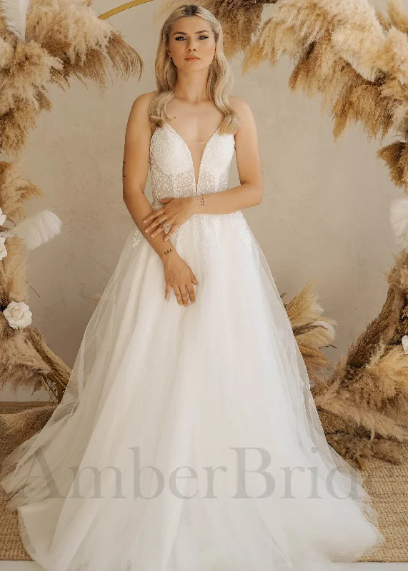 Best wedding dresses for a destination wedding-Boho A Line Tulle Wedding Dress with Spaghetti Straps and Deep V-Neck Best wedding dresses for a destination wedding-Boho A Line Tulle Wedding Dress with Spaghetti Straps and Deep V-Neck