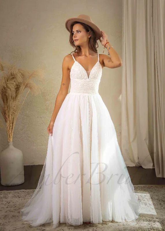 Where to find wedding dresses for a plus-size bride-Boho A Line Tulle Wedding Dress with Spaghetti Straps Where to find wedding dresses for a plus-size bride-Boho A Line Tulle Wedding Dress with Spaghetti Straps