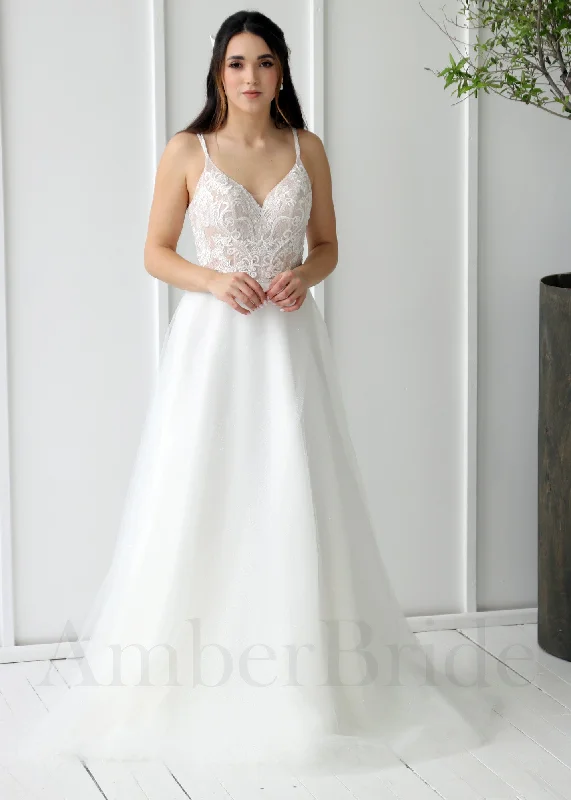 Wedding dresses with a romantic feel for an intimate ceremony-Boho A-Line Wedding Dress with Glittery Tulle Skirt and Spaghetti Straps Wedding dresses with a romantic feel for an intimate ceremony-Boho A-Line Wedding Dress with Glittery Tulle Skirt and Spaghetti Straps