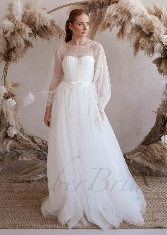 Wedding dresses for rustic country weddings-Boho A Line Wedding Dress with Long Puffy Sleeves and Artificial Pearls Wedding dresses for rustic country weddings-Boho A Line Wedding Dress with Long Puffy Sleeves and Artificial Pearls