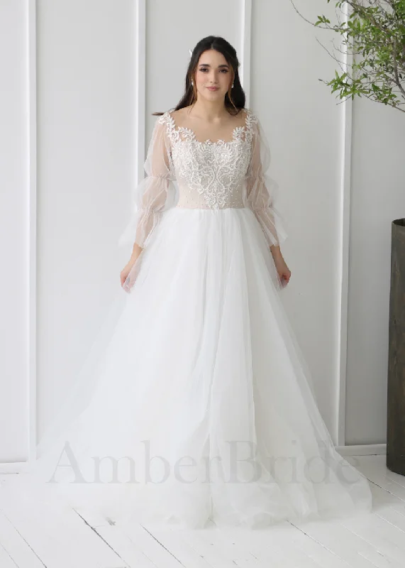 Elegant wedding dresses for winter weddings-Boho A-Line Wedding Dress with Long Puffy Sleeves and Tulle Skirt Elegant wedding dresses for winter weddings-Boho A-Line Wedding Dress with Long Puffy Sleeves and Tulle Skirt