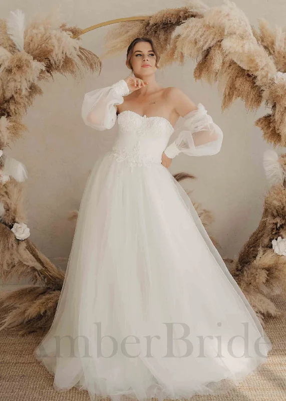 Wedding dresses with simple elegance for a classic look- -Boho A-Line Wedding Dress with Tulle Skirt and Sweetheart Off-Shoulder Top Wedding dresses with simple elegance for a classic look- -Boho A-Line Wedding Dress with Tulle Skirt and Sweetheart Off-Shoulder Top