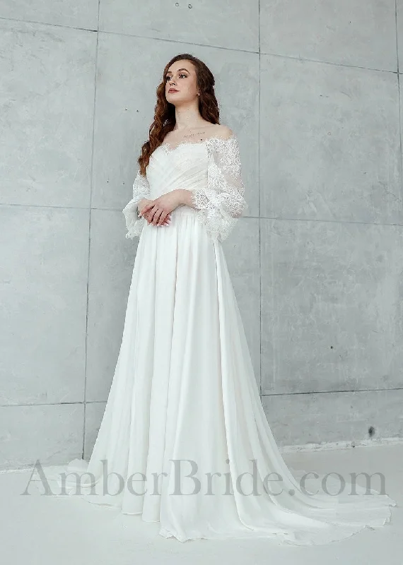 Wedding dresses with detailed beadwork for glamour-Boho Chiffon Wedding Dress with Long Puffy Sleeves and Flower Lace Appliques Wedding dresses with detailed beadwork for glamour-Boho Chiffon Wedding Dress with Long Puffy Sleeves and Flower Lace Appliques