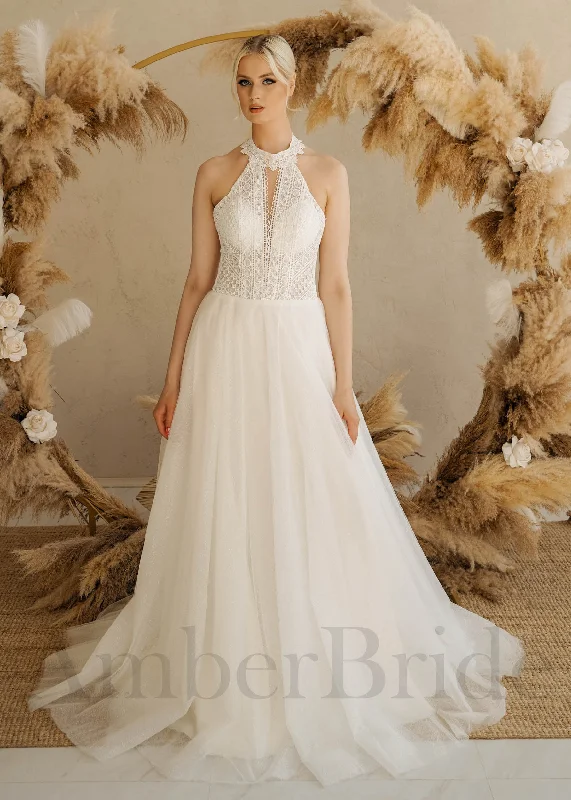Wedding dresses with long trains for dramatic effect-Boho Lace Wedding Dress with Halter Neck and Low Back Wedding dresses with long trains for dramatic effect-Boho Lace Wedding Dress with Halter Neck and Low Back