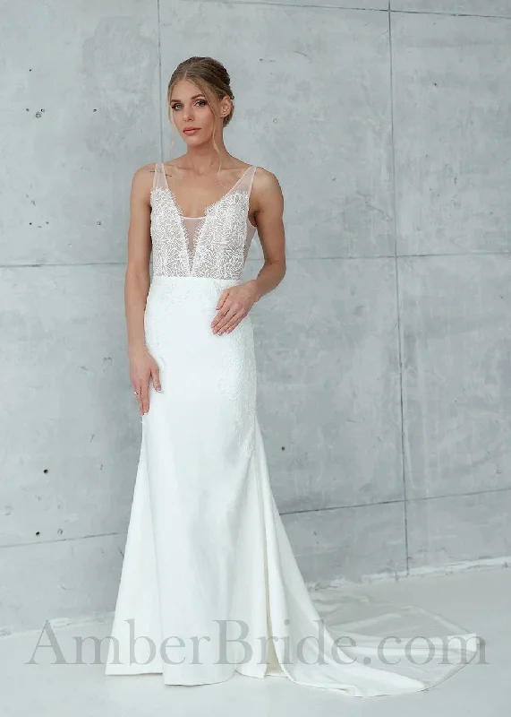 Best wedding dresses for a classic style-Boho Sheath Backless Wedding Dress with Lace Top and Soft Crepe Skirt Best wedding dresses for a classic style-Boho Sheath Backless Wedding Dress with Lace Top and Soft Crepe Skirt