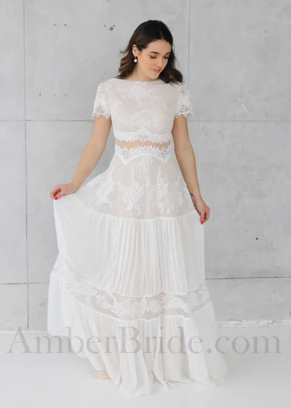 Best wedding dresses for tall brides-Boho Sheath Lace and Chiffon Wedding Dress with Short Sleeves, and Open V-Back Best wedding dresses for tall brides-Boho Sheath Lace and Chiffon Wedding Dress with Short Sleeves, and Open V-Back