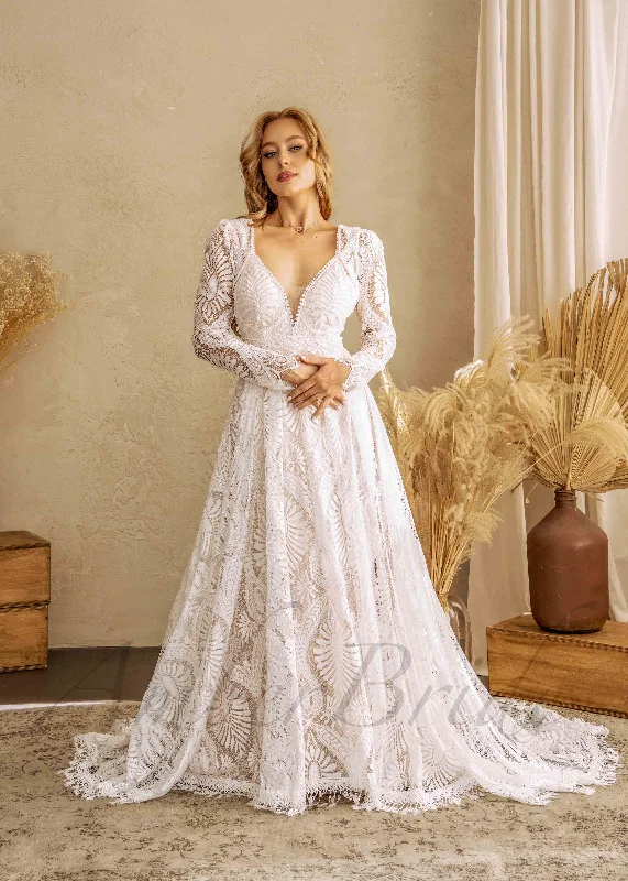 Wedding dresses with floral appliqué for a modern feel-Boho Spaghetti Strap A-Line Wedding Dress with Floral Details and Detachable Jacket Wedding dresses with floral appliqué for a modern feel-Boho Spaghetti Strap A-Line Wedding Dress with Floral Details and Detachable Jacket