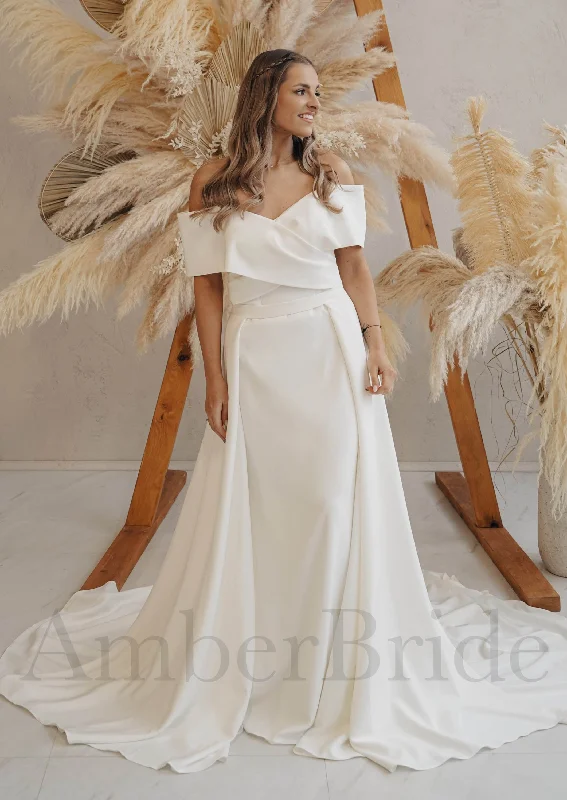 Wedding dresses with detailed lace sleeves for elegance-Casual A Line Satin Wedding Dress with Off Shoulder Design and Detachable Skirt Wedding dresses with detailed lace sleeves for elegance-Casual A Line Satin Wedding Dress with Off Shoulder Design and Detachable Skirt
