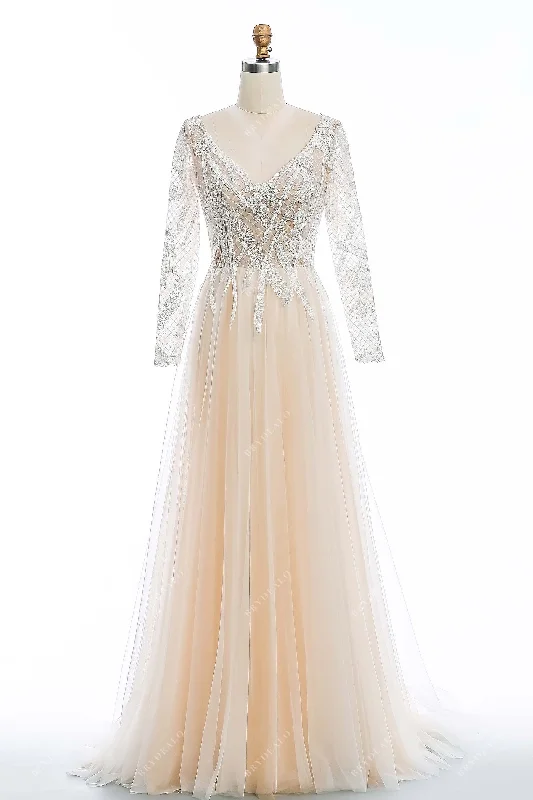 Champagne A-Line Wedding Gown with Illusion Lace Long Sleeves