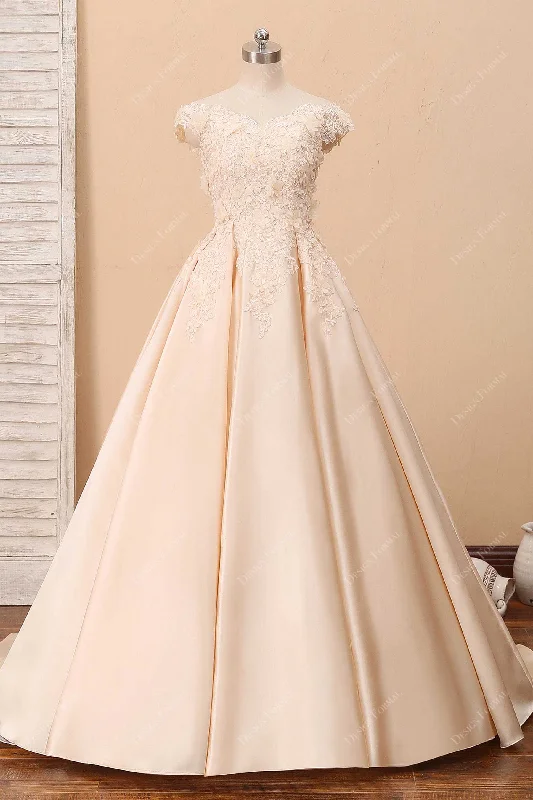 Champagne Bridal Ball Gown with 3D Petals and Lace Appliques