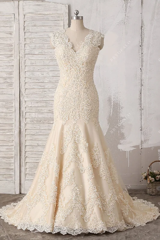 Champagne Lace Modest Trumpet Wedding Dress with V-Back