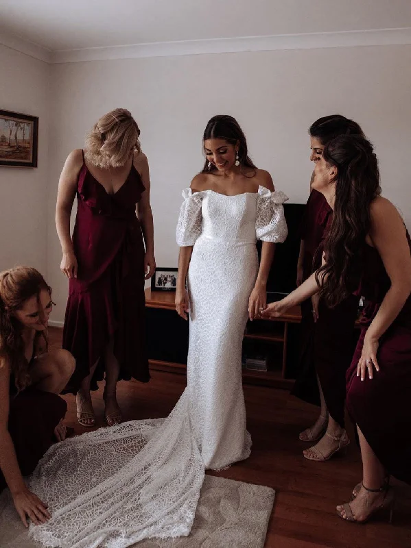 Best wedding dress colors for different skin tones-Chic Floral Lace Off-the-shoulder Sweep Train Sheath Wedding Dresses WD564 Best wedding dress colors for different skin tones-Chic Floral Lace Off-the-shoulder Sweep Train Sheath Wedding Dresses WD564