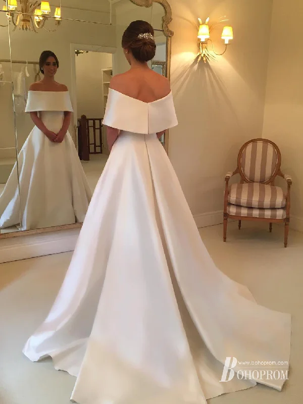 Chic Satin Off-the-shoulder A-line Wedding Dresses With Sweep Train WD214