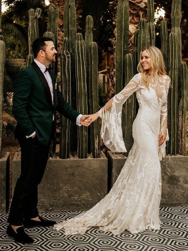 Wedding dresses with open back details-Chic Tassels Long Sleeves Illusion Backless Lace Wedding Dresses WD557 Wedding dresses with open back details-Chic Tassels Long Sleeves Illusion Backless Lace Wedding Dresses WD557