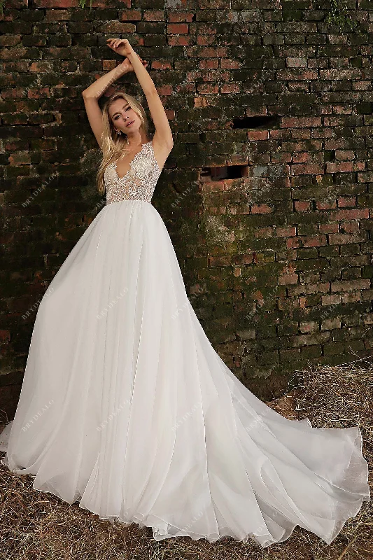 Chic Wedding Gown with Illusion Beaded Bodice and Organza Skirt