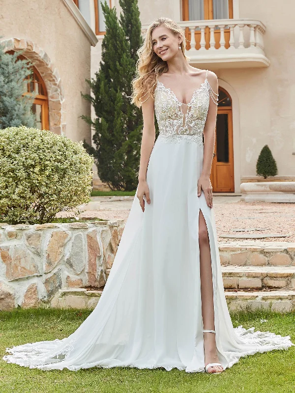 Wedding dresses for an elegant, formal look-Chiffon And Lace A-Line Wedding Dress With Buttons Ivory Wedding dresses for an elegant, formal look-Chiffon And Lace A-Line Wedding Dress With Buttons Ivory