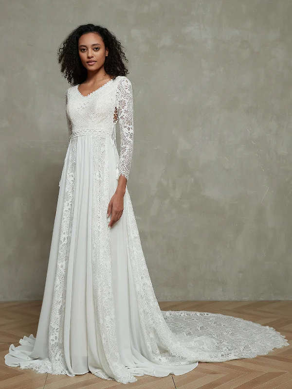 How to choose a wedding dress with a low back-Chiffon and Lace Boho Wedding Dresses with Long Sleeves-As Picture How to choose a wedding dress with a low back-Chiffon and Lace Boho Wedding Dresses with Long Sleeves-As Picture