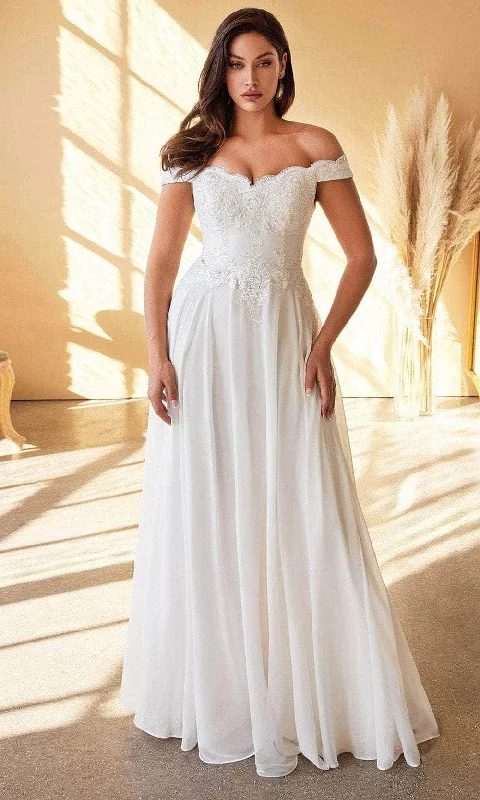 Wedding dresses with beaded embellishments for a glamorous look-Cinderella Divine 7258W - Scalloped Off Shoulder Wedding Dress