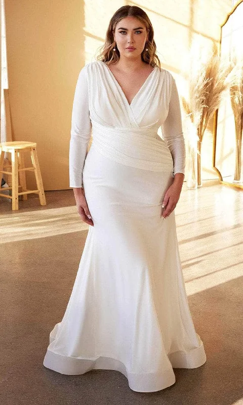 Wedding dresses with subtle beading for a classy look-Cinderella Divine CD0169C - Satin V-Neck Wedding Dress
