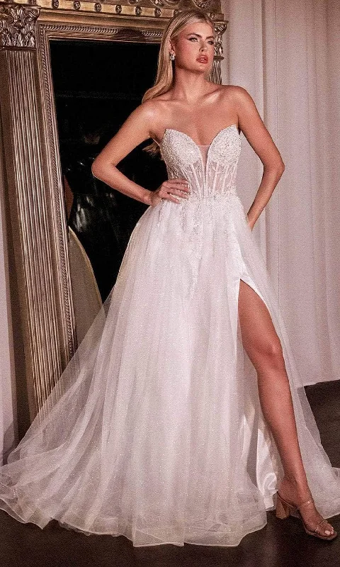 Wedding dresses with floral patterns for a fresh look-Cinderella Divine CD0230W - Elegant V-Neck Strapless Bridal Gown