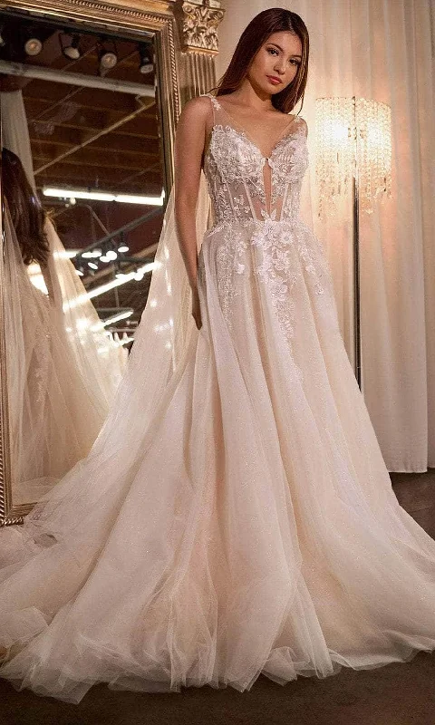 Wedding dresses with tulle or organza skirts for volume-Cinderella Divine CDS476W - Cape A-Line Wedding Gown
