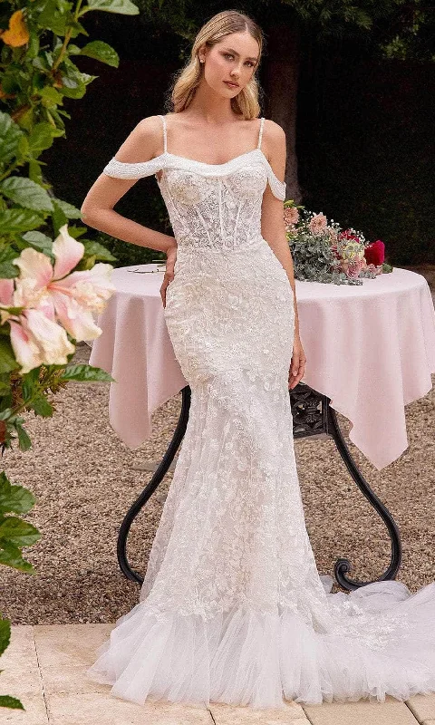 Wedding dresses with modest coverage for conservative brides-Cinderella Divine CK703W - Embroidered Cold Shoulder Wedding Dress
