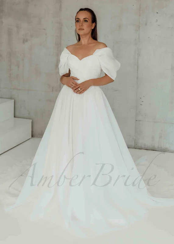 Wedding dresses for modern brides looking for elegance-Classic A Line Organza Wedding Dress with Off Shoulder Design and Corset Wedding dresses for modern brides looking for elegance-Classic A Line Organza Wedding Dress with Off Shoulder Design and Corset
