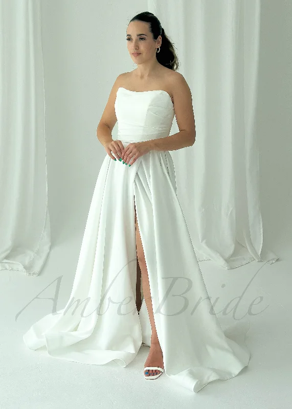 Wedding dresses with floral lace for a feminine touch-Classic A Line Satin Strapless Wedding Dress with High Slit Wedding dresses with floral lace for a feminine touch-Classic A Line Satin Strapless Wedding Dress with High Slit