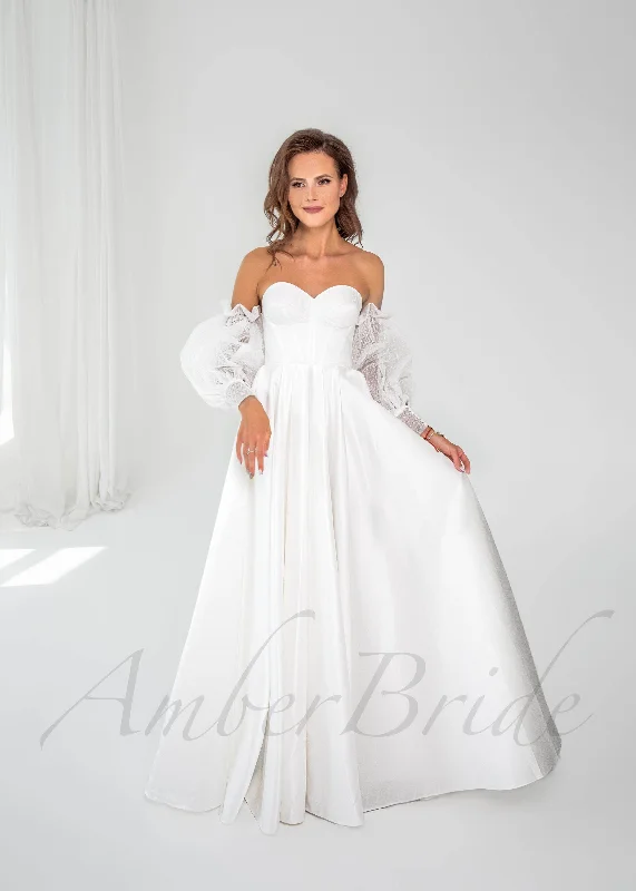 Affordable wedding dresses for destination weddings-Classic A-Line Satin Wedding Dress with Detachable Long Puffy Sleeves and Slit Affordable wedding dresses for destination weddings-Classic A-Line Satin Wedding Dress with Detachable Long Puffy Sleeves and Slit