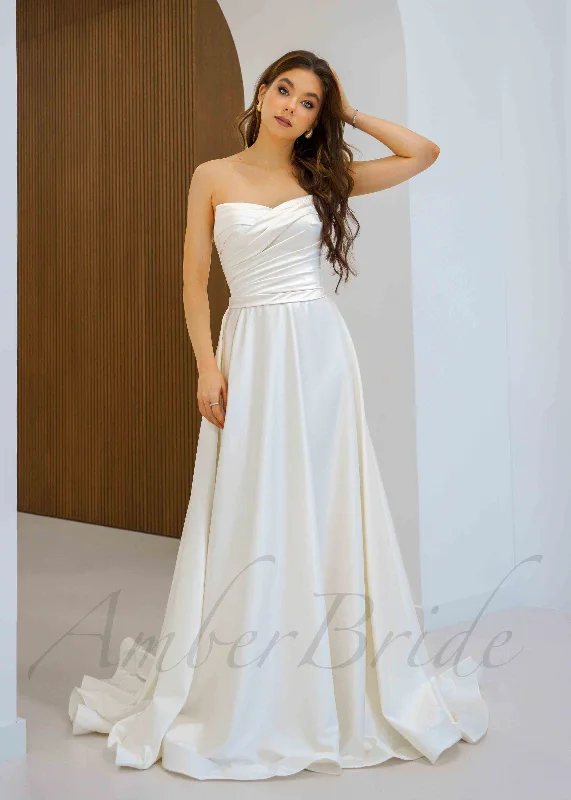 Best wedding dresses for plus-size brides-Classic A Line Satin Wedding Dress with Strapless Design and Corset Best wedding dresses for plus-size brides-Classic A Line Satin Wedding Dress with Strapless Design and Corset