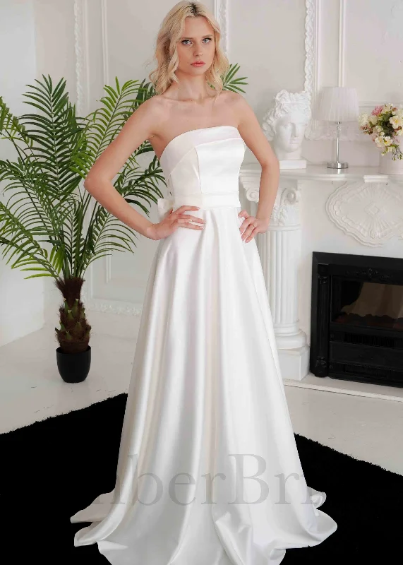 Wedding dresses for brides with short hair-Classic A-Line Satin Wedding Dress with Strapless Straight Neckline Wedding dresses for brides with short hair-Classic A-Line Satin Wedding Dress with Strapless Straight Neckline