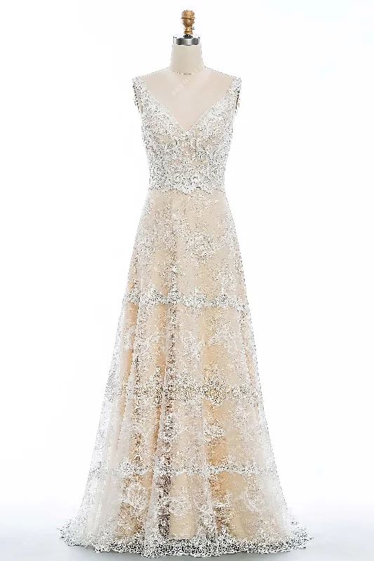 Classic Floral Gown with Lace Straps and Modest V-Neck