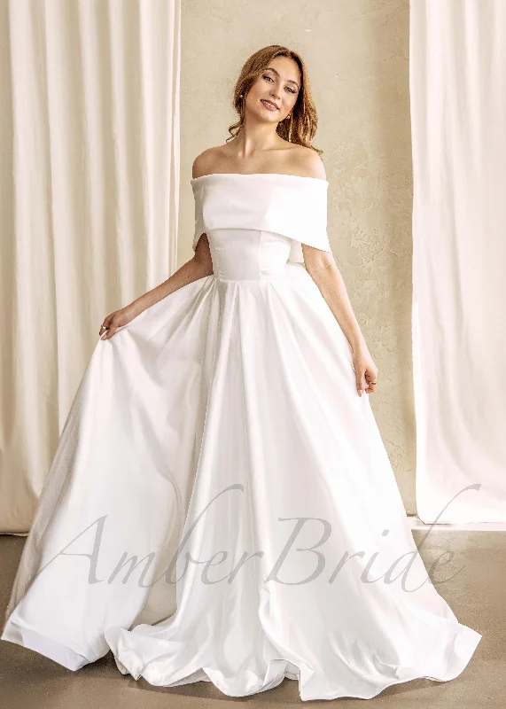 How to pick a wedding dress for a winter ceremony-Classic Off Shoulder Satin Wedding Dress with Corset Closure How to pick a wedding dress for a winter ceremony-Classic Off Shoulder Satin Wedding Dress with Corset Closure