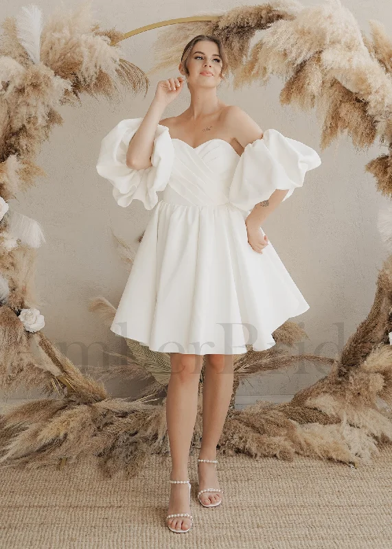 How to accessorize your wedding dress-Classy Knee Length Satin Dress with Off Shoulder Puffed Sleeves and Corset How to accessorize your wedding dress-Classy Knee Length Satin Dress with Off Shoulder Puffed Sleeves and Corset