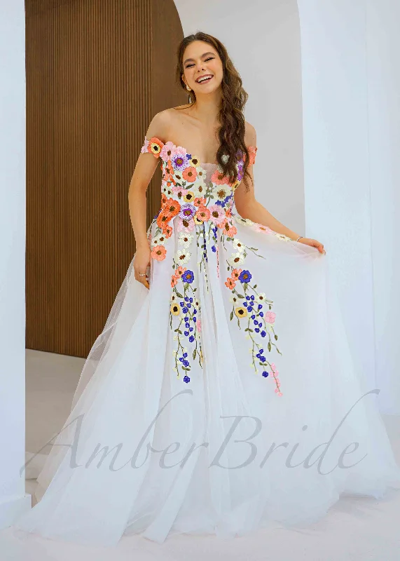 Wedding dresses with long sleeves for a sophisticated style-Colorful Floral A Line Wedding Dress with Off Shoulder Wedding dresses with long sleeves for a sophisticated style-Colorful Floral A Line Wedding Dress with Off Shoulder