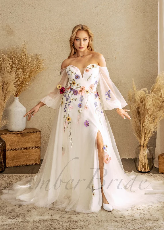 Choosing a wedding dress based on your wedding theme-Colorful Floral Wedding Dress with Off Shoulder Sweetheart Neckline Choosing a wedding dress based on your wedding theme-Colorful Floral Wedding Dress with Off Shoulder Sweetheart Neckline