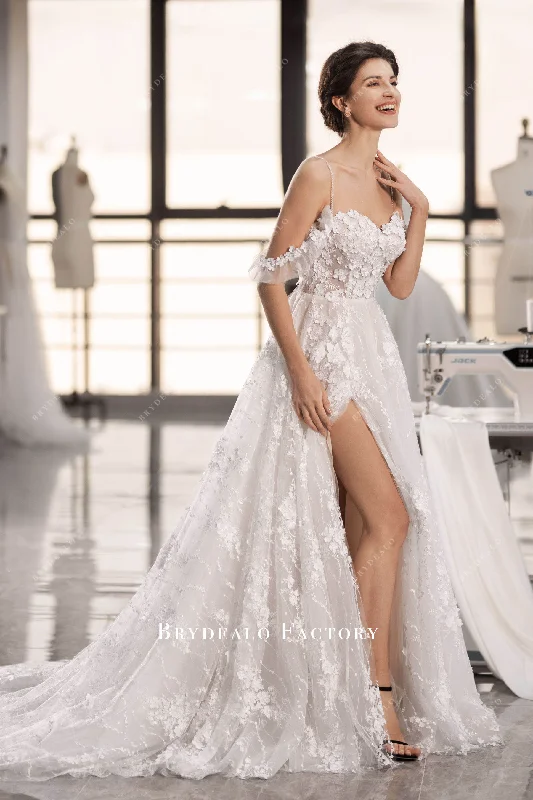 Corset Detachable Sleeves 3D Flower Wedding Dress