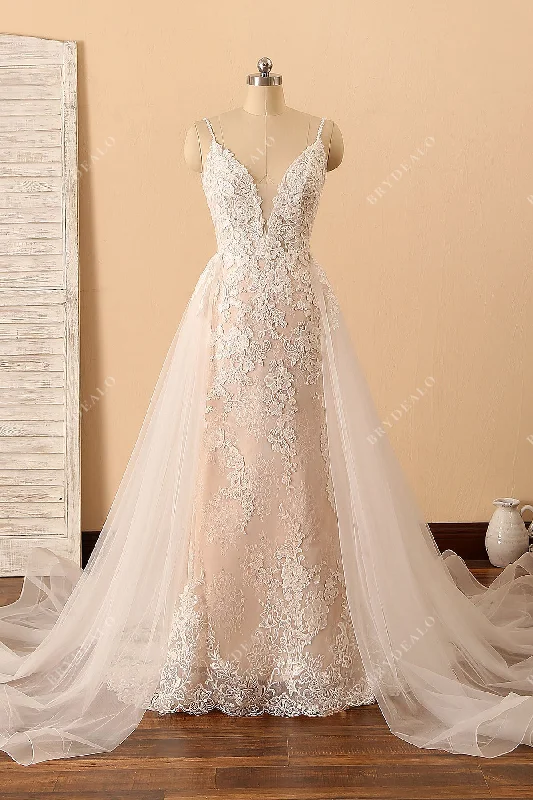 Custom Mermaid Lace Plunging Neck Overskirt Bridal Gown