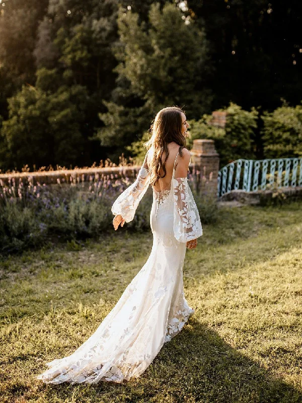 How to choose a wedding dress for your body type-Delicate Floral Lace Spaghetti Straps Long Sleeves Mermaid Wedding Dresses WD554 How to choose a wedding dress for your body type-Delicate Floral Lace Spaghetti Straps Long Sleeves Mermaid Wedding Dresses WD554