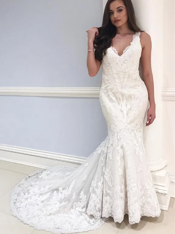 Delicate Lace V-neck Neckline Chapel Train Mermaid Wedding Dress WD071