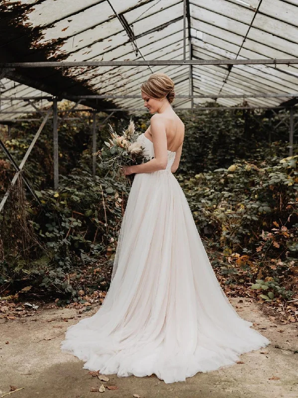 Delicate Tulle Off-The-Shoulder Strapless Neckline Beaded A-line Wedding Dresses WD463 Delicate Tulle Off-The-Shoulder Strapless Neckline Beaded A-line Wedding Dresses WD463