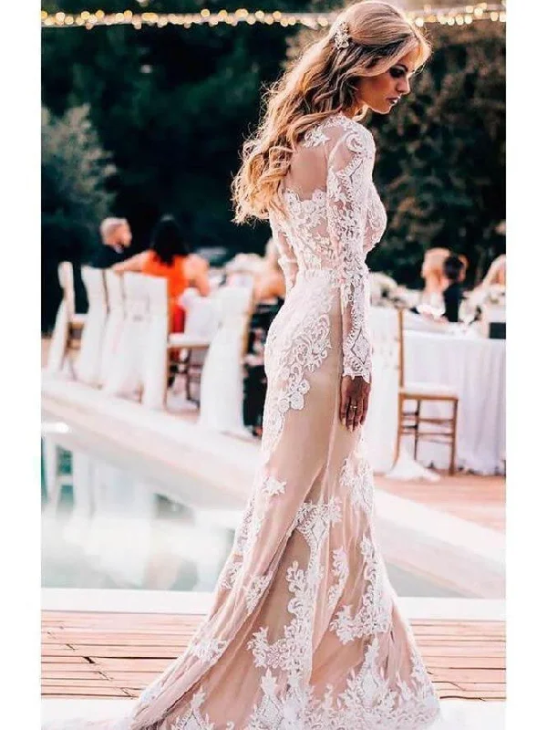 Wedding dresses with detachable skirts for versatility-Delicate Lace Appliqued Mermaid Wedding Dresses With Long Sleeves WD261 Wedding dresses with detachable skirts for versatility-Delicate Lace Appliqued Mermaid Wedding Dresses With Long Sleeves WD261