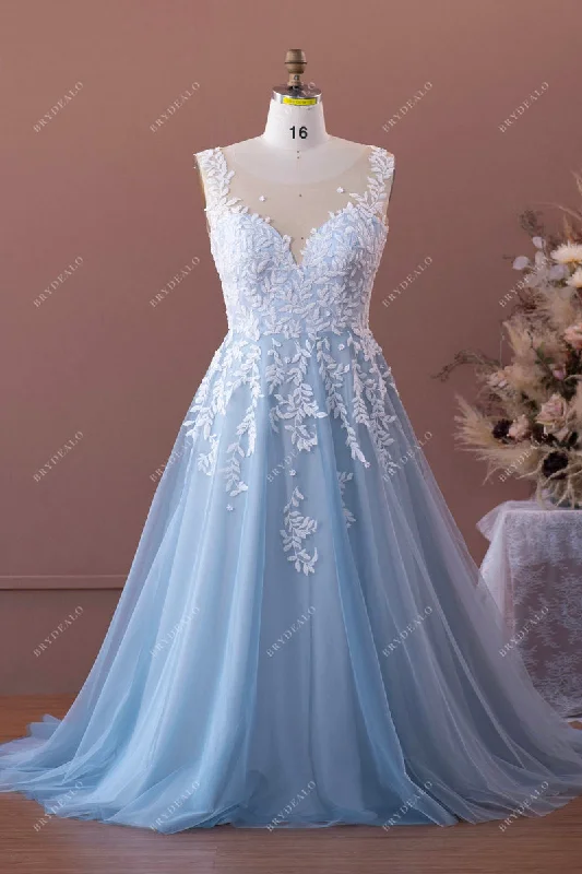 Plus Size Beaded Lace Blue Tulle Wedding Ball Gown
